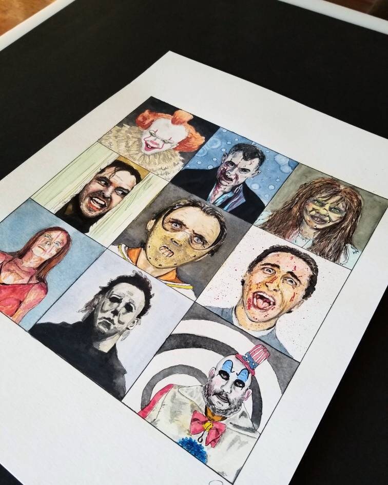 Horror Movie Watercolor Print/ Halloween Art Print/IT/ Carrie/ The Shining/ Exorcist/ Michael Myers/ American Psycho/ Clown/ Vampire