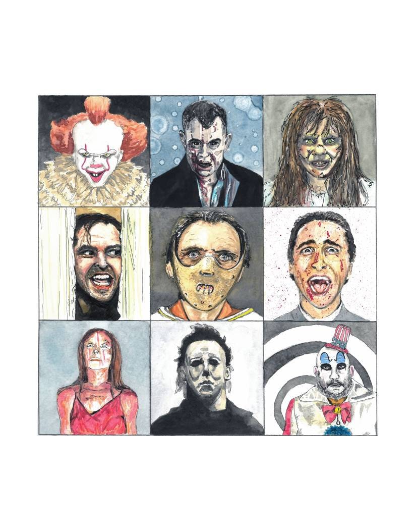 Horror Movie Watercolor Print/ Halloween Art Print/IT/ Carrie/ The Shining/ Exorcist/ Michael Myers/ American Psycho/ Clown/ Vampire