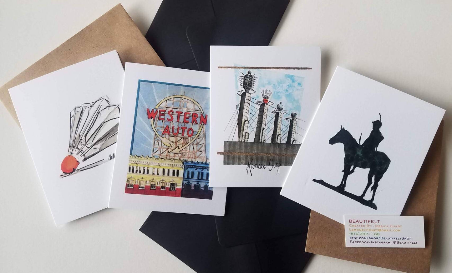 4 Pack Kansas City Greeting Cards- Blank Inside- Western Auto, Bartel Hall, The Scout, Shuttlecock