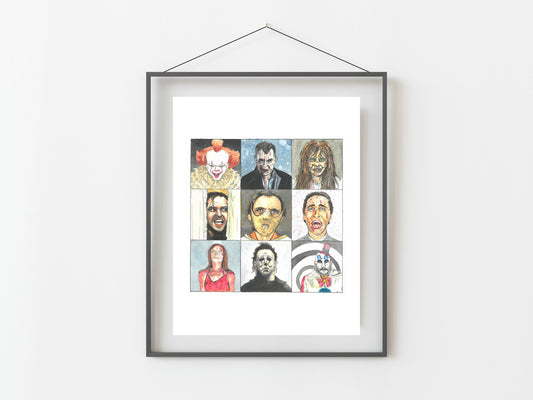 Horror Movie Watercolor Print/ Halloween Art Print/IT/ Carrie/ The Shining/ Exorcist/ Michael Myers/ American Psycho/ Clown/ Vampire