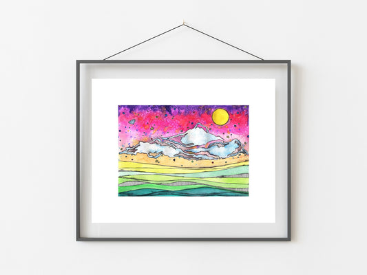 Clouds Watercolor Artwork Print/ Horizon/ Sunset Art/ Sky Art/  Nature/ Moon and Stars/ Home Decor/ Lisa Frank Inspired