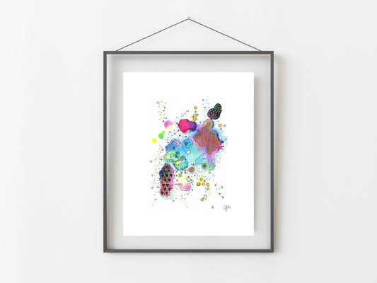 Doodle Watercolor Art Print/ Colorful/ Abstract Art/ Home Decor/ Skull Art/ Rainbow Art